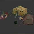 Traditional Camp Scene Components With Tents Wooden Fence And Storage Crates
