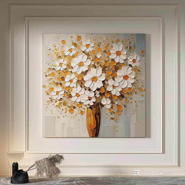 Modern 3D Oil Painting With White Yellow Daisies In Orange Vase Light Gray Background 3d model 