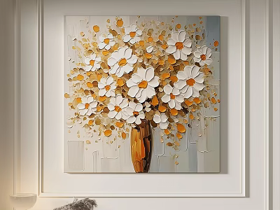 Modern 3D Oil Painting With White Yellow Daisies In Orange Vase Light Gray Background 3d model
