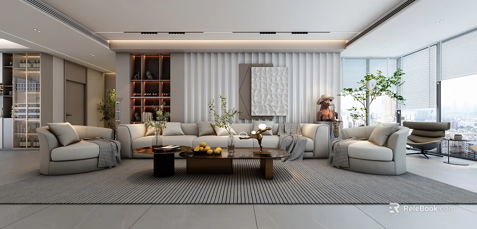 Elegant Modern Living Room Interior With White Sofa Coffee Table And Decorative Painting 3d model 