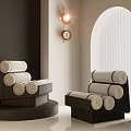 Stylish Single Sofa With Cylindrical Cushions In Modern Interior Arched Window And Wall Lamp
