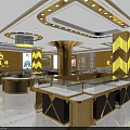 Elegant Luxurious Jewelry Store Interior With Golden Decor Glass Display Counters And Chandeliers