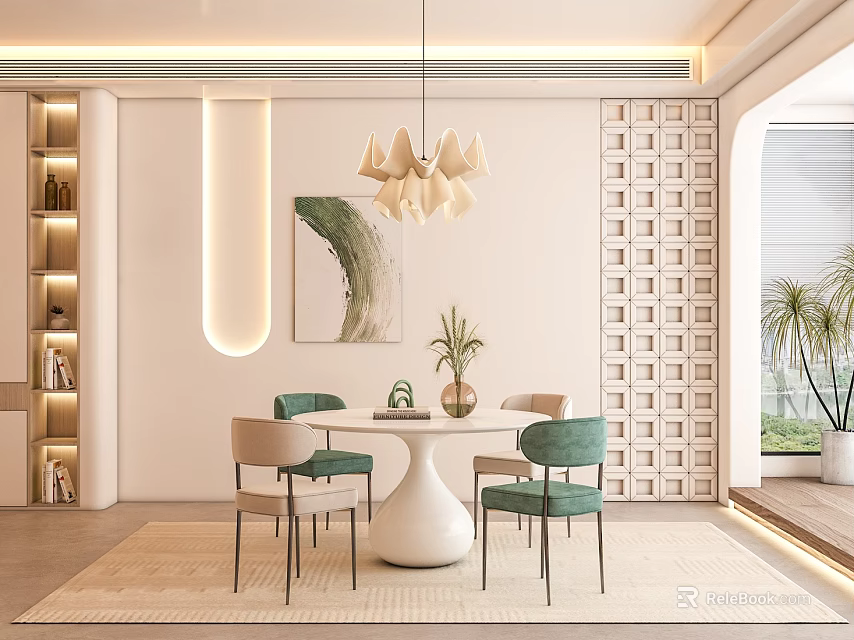 Modern Dining Room Interior With White Round Table Green Chairs Chandelier Decorative Painting And Plants 3d model 