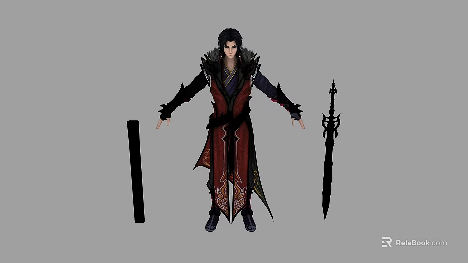 Game Fantasy Character Wearing Red And Black Robe With Ornate Details And Sword 3d model 