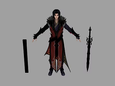 Game Fantasy Character Wearing Red And Black Robe With Ornate Details And Sword 3d model