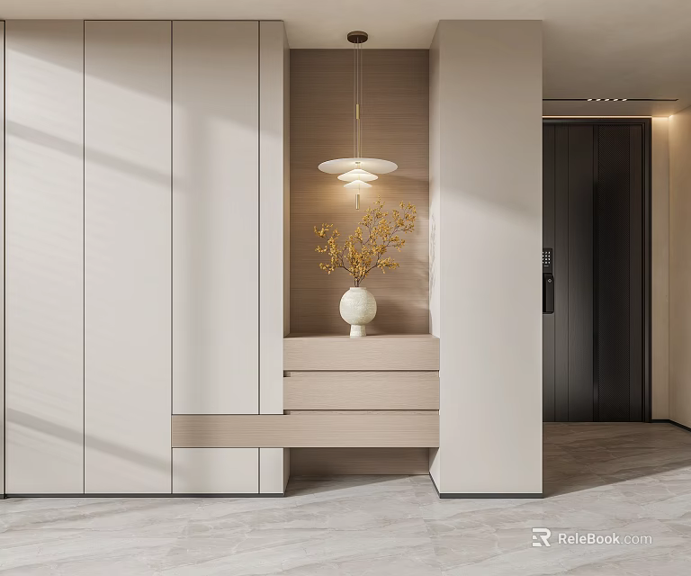 Modern Foyer Hallway Design With Light Walls Pendant Light And Console Table With White Vase 3d model 
