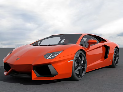 Orange Lamborghini Supercar With Sleek Design Black Wheels On Open Ground Against Cloudy Sky Background 3d model