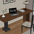 Wooden Writing Desk with Laptop Vase Books and Table Lamp Near Window and Chair