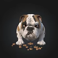 Bulldog With White And Brown Coat Sitting Near Scattered Dog Food Pieces
