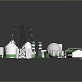 Cartoon Scenery With Green White Silos Power Tower Truck And Dome Structures
