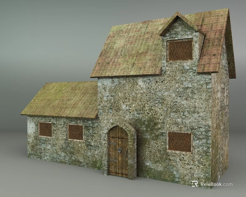 Rustic Old Stone House With Mossy Roof Wooden Door And Small Windows 3d model 