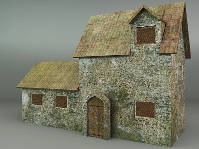 Rustic Old Stone House With Mossy Roof Wooden Door And Small Windows 3d model