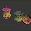 Orange Red Pottery Jar Sculptures With Carved Patterns Lids And Dark Background Reflections