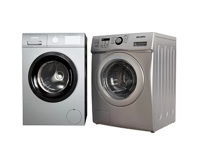 Silver Front Load Washing Machines With Control Panels And Transparent Doors 3d model