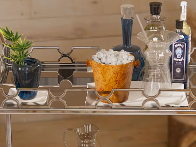 Stylish Bar Cart Setup With Ice Bucket Bottles Plant And Glassware 3d model