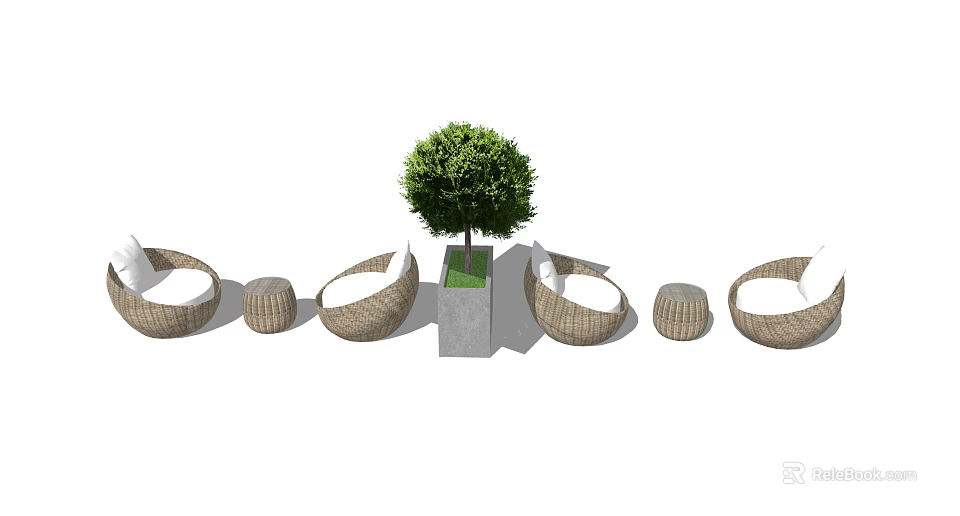 Outdoor Wicker Sofas with Round Side Tables and a Green Tree in Patio Setting 3d model 