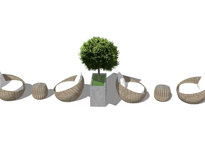 Outdoor Wicker Sofas with Round Side Tables and a Green Tree in Patio Setting 3d model