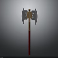 Decorative Double Bladed Axe With Metal Blades Red And Brown Handle And Intricate Design
