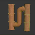 Two Vertical Copper Pipes With Curved Connecting Rusty Red On Dark Background With Reflection
