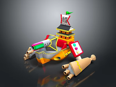 Colorful Toy Model Ship Like Vehicle With Tower Structure And Cannon Parts 3d model
