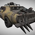 Rusty Modified Armored Car With Spiked Front And Roof Mounted Gear