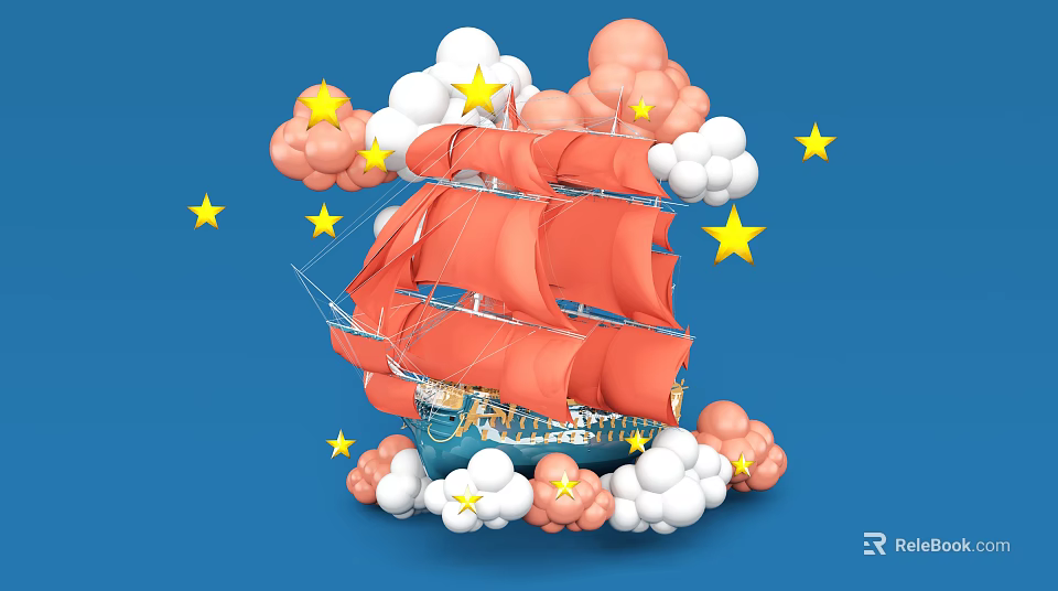 Vintage Sailing Ship With Red Sails Surrounded By Clouds And Stars On Blue Background 3d model 