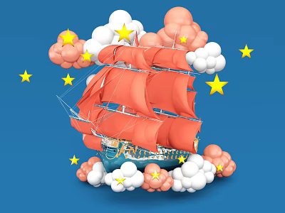 Vintage Sailing Ship With Red Sails Surrounded By Clouds And Stars On Blue Background 3d model