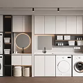 Modern Bathroom Vanity With Round Mirror White Cabinets And Wall Mounted Design