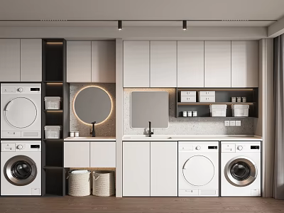 Modern Bathroom Vanity With Round Mirror White Cabinets And Wall Mounted Design 3d model