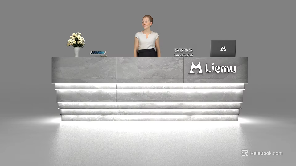 Modern Gray Marble Reception Desk with LED Lighting Flower Vase Tablet Laptop and Viemu Logo 3d model 