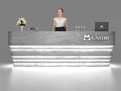 Modern Gray Marble Reception Desk with LED Lighting Flower Vase Tablet Laptop and Viemu Logo 3d model