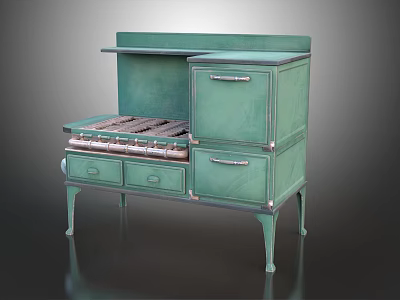 Classic Green Vintage Kitchen Stove With Drawers Cabinet And Metal Legs 3d model