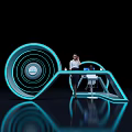 Modern Futuristic Reception Desk Featuring Circular Blue Lighting And Staff At Work