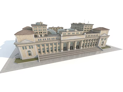 Classical Office Building Exterior With Multiple Wings Domed Roofs Grand Columns And Stone Steps 3d model
