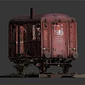 Old Red Rusty Train Carriage With Worn Body And Metal Wheels On Display Track