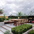 Courtyard Garden With Wooden Dining Table Chairs Green Bushes And Stone Steps