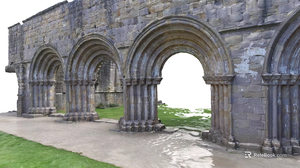 Serene Garden Landscape Featuring Ancient Stone Arches Stone Path And Green Grass 3d model 