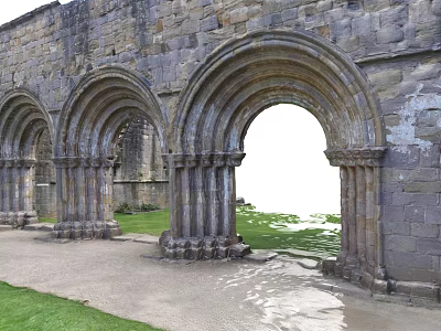 Serene Garden Landscape Featuring Ancient Stone Arches Stone Path And Green Grass 3d model
