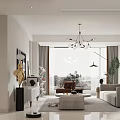 Modern Living And Dining Room Interior With Chandelier Sofa Coffee Table Plants And Floor Lamp