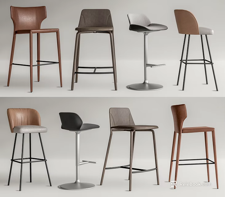 Modern Bar Stools Collection With Leather Seats And Metal Wooden Bases For Home Kitchens 3d model 