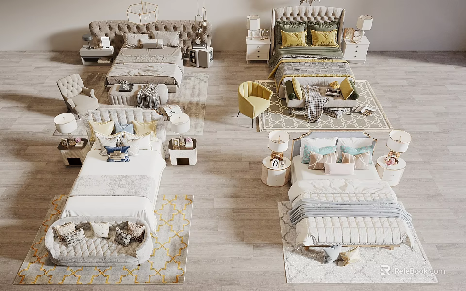 Various Modern Double Bed Designs With Stylish Bedding Bedside Tables And Rugs 3d model 