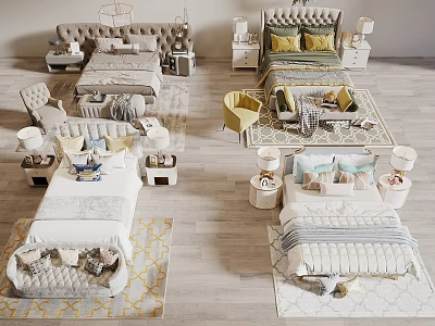 Various Modern Double Bed Designs With Stylish Bedding Bedside Tables And Rugs 3d model
