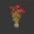 Beautiful Red Roses in Patterned Vase with Green Leaves on Dark Background