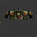 3D Armored Character And Mechanical Creatures With Red Helmet Gold Green Armor