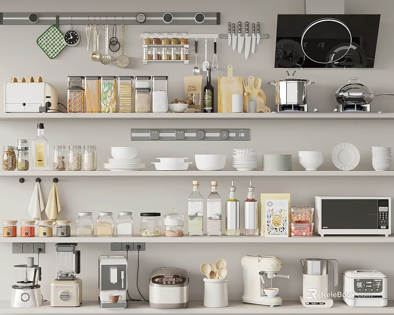 Organized Modern Kitchen Shelves With Spice Jars Knives Pots Bowls And Essential Appliances 3d model 