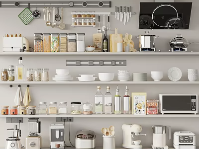 Organized Modern Kitchen Shelves With Spice Jars Knives Pots Bowls And Essential Appliances 3d model