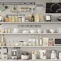 Organized Modern Kitchen Shelves With Spice Jars Knives Pots Bowls And Essential Appliances
