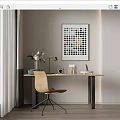 Minimalist Desk Interior With Wooden Chair Table Lamp Clock Books And Colorful Dot Wall Art