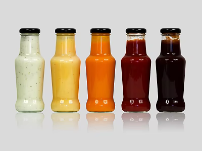 Colorful Condiment Bottles With Black Caps For Sauces On Gray Background 3d model