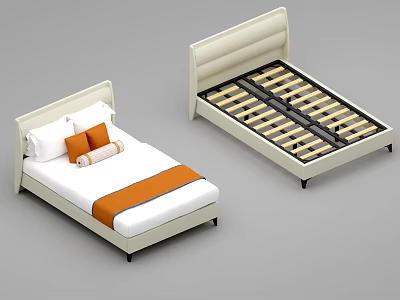 Modern Double Bed With White Headboard Mattress Orange Pillows Bed Runner And Wooden Slat Support 3d model